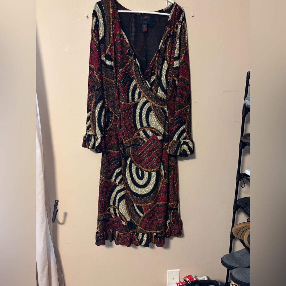 Ashro Red and Black Geometric Long Sleeve Dress